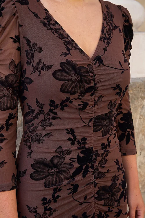 Roman Chocolate Ruched Floral Flock Frill Dress - 12 Image 4