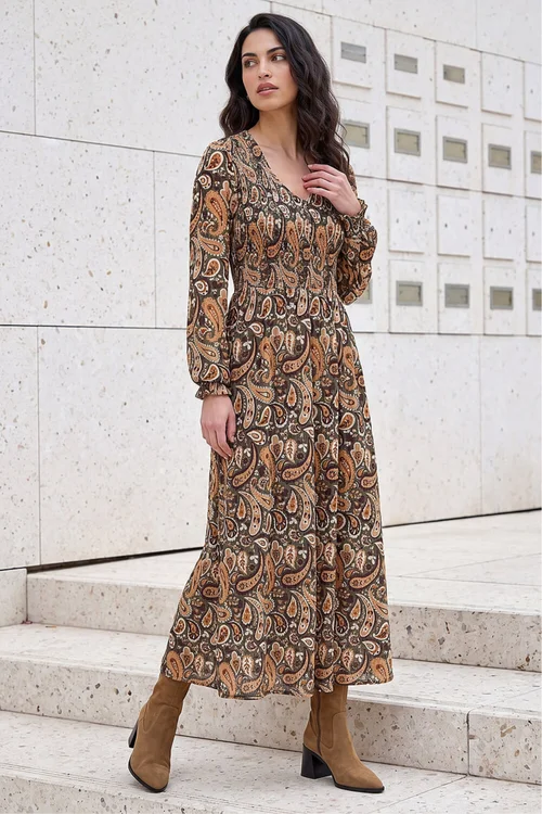 Dusk Forest Paisley Shirred Midi Dress - 10 Image 1
