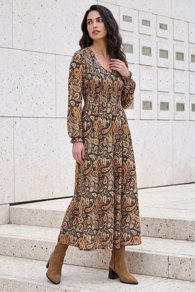 Dusk Forest Paisley Shirred Midi Dress