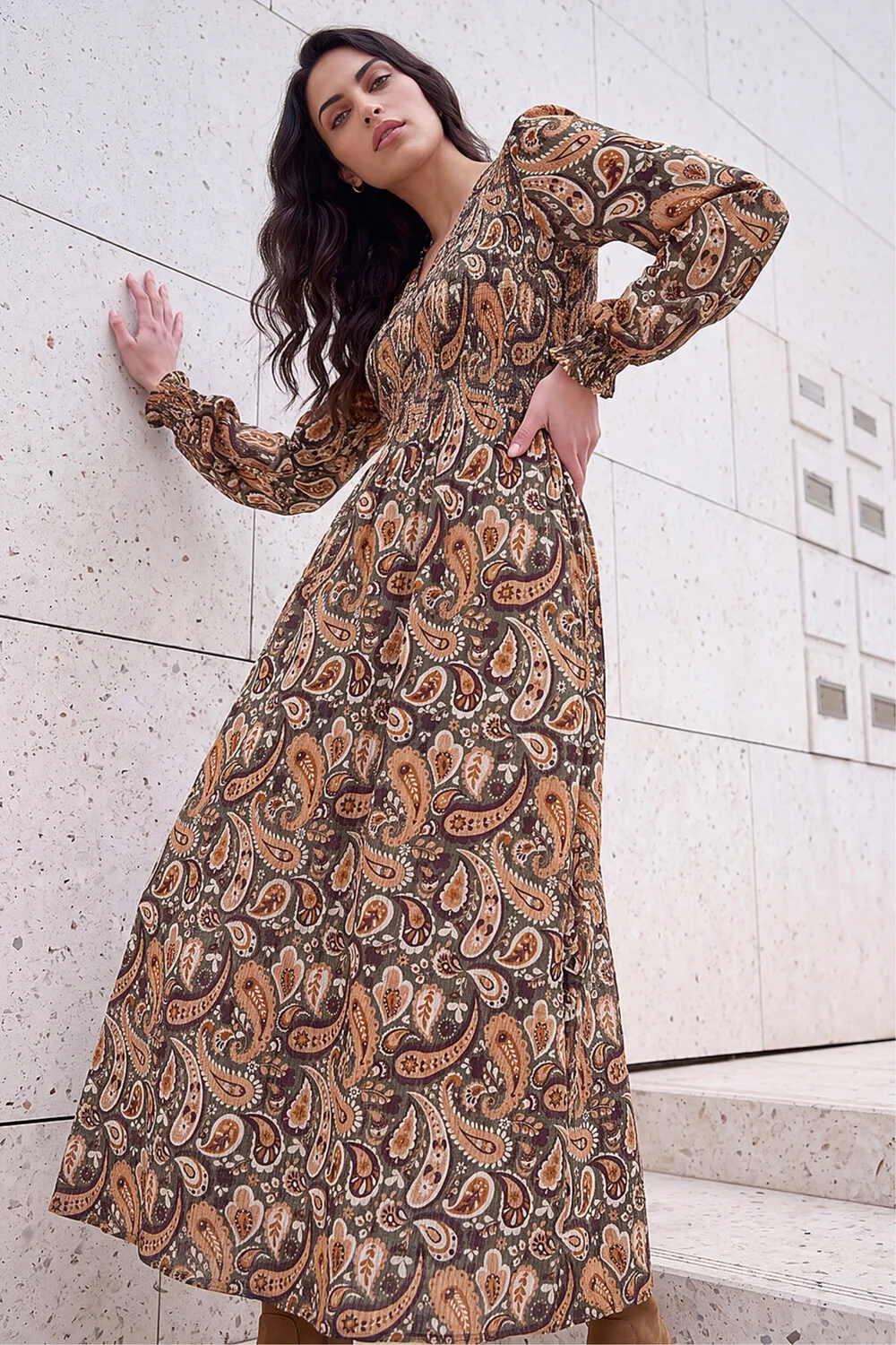 Dusk Forest Paisley Shirred Midi Dress - 10 Image 2