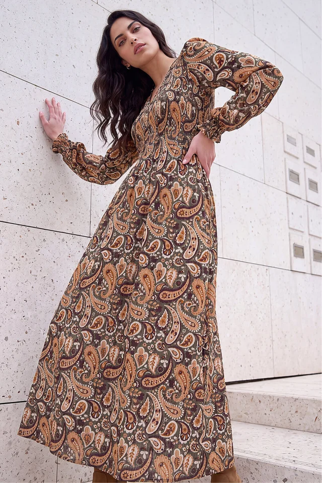 Dusk Forest Paisley Shirred Midi Dress