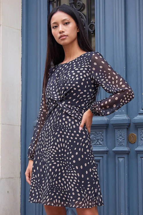 Roman Black Petite Twist Front Spot Dress - 18 Image 1