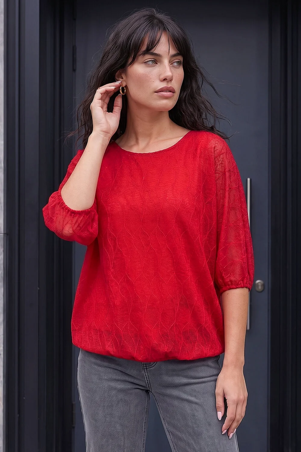 Roman Red Mesh Bubble Hem Stretch Top - 12 Image 1