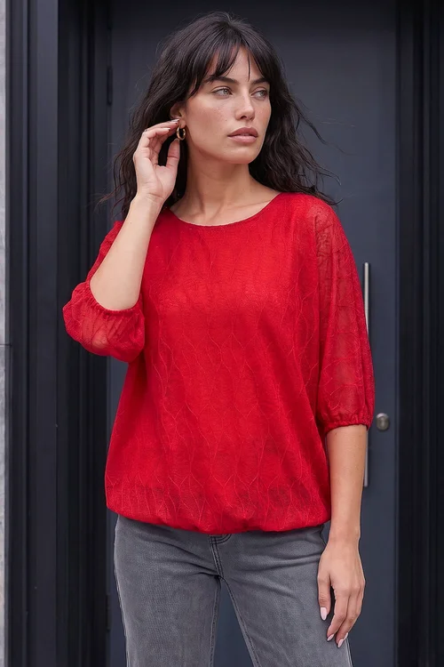Roman Red Mesh Bubble Hem Stretch Top - 12 Image 1