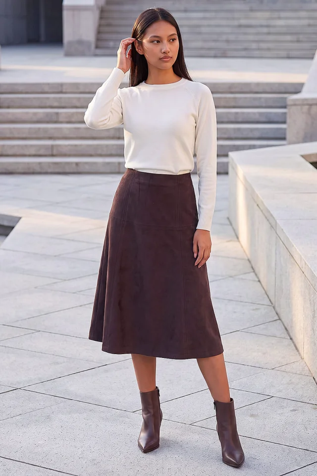 Roman Dark Brown Petite Suede A-Line Skirt