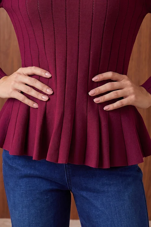 Dusk Burgundy Peplum Knitted Top - M Image 4
