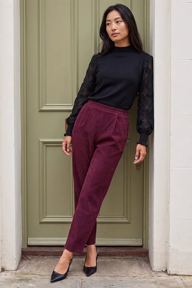 Roman Wine Petite Tuck Front Corduroy Trouser
