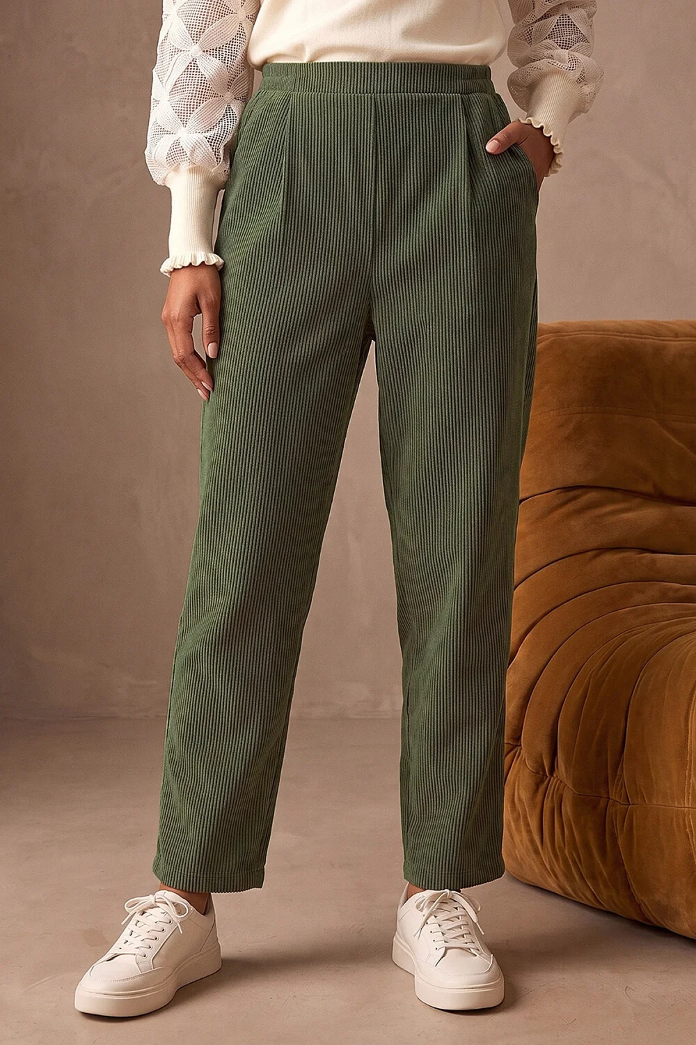Roman Khaki Petite Tuck Front Corduroy Trouser - 10 Image 1