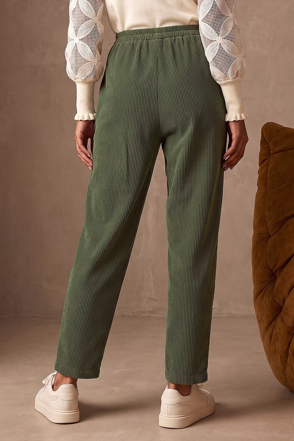 Roman Khaki Petite Tuck Front Corduroy Trouser - 10 Image 3