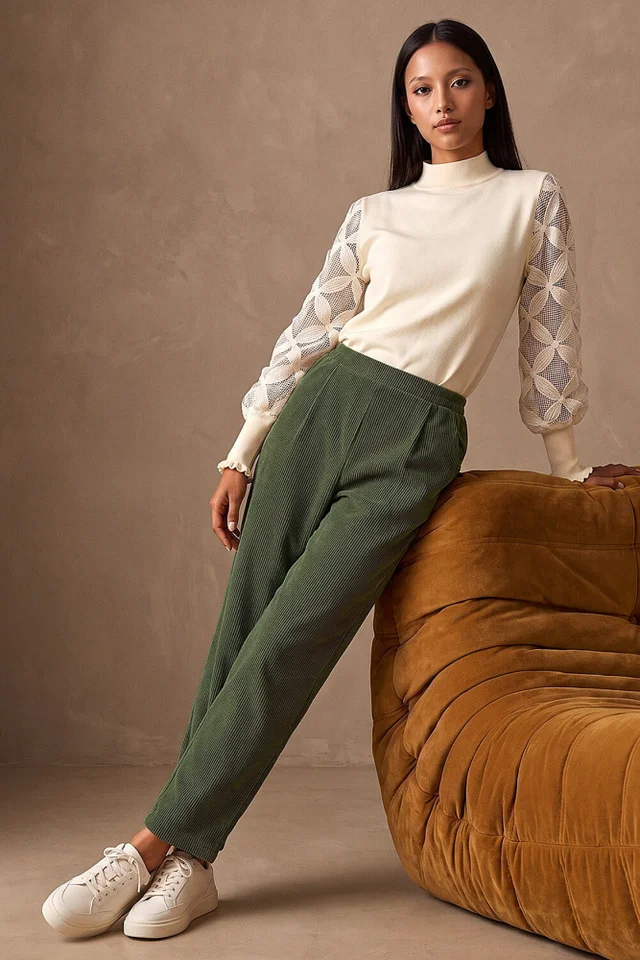 Roman Khaki Petite Tuck Front Corduroy Trouser