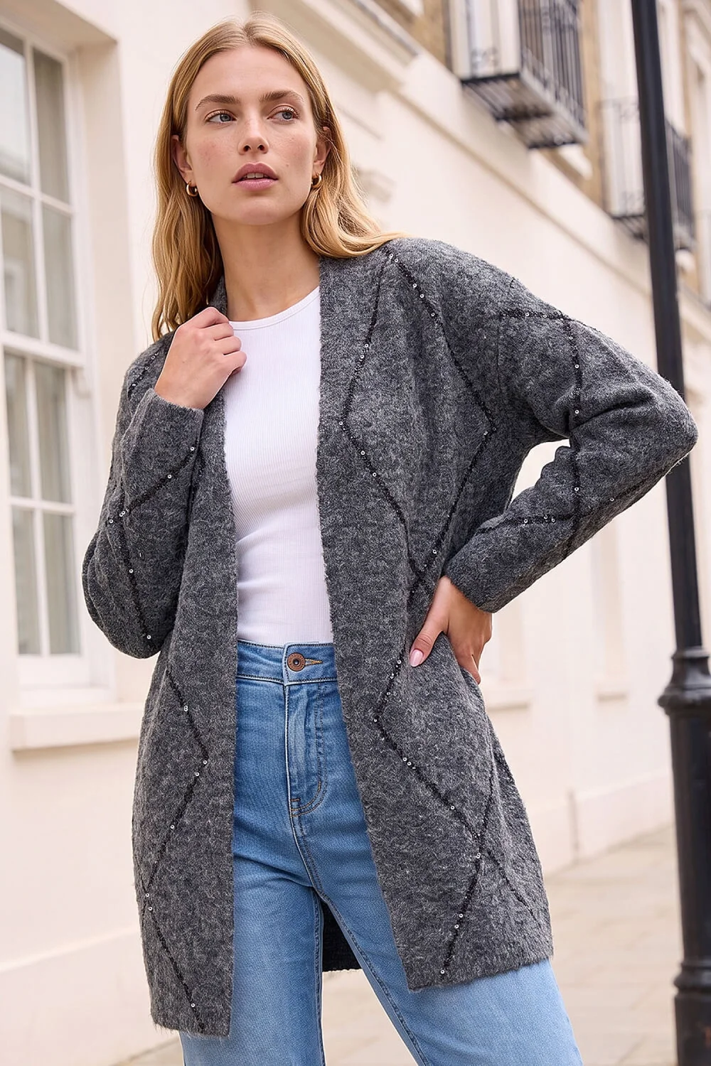 Roman Charcoal Sparkle Argyle Cardigan - 16 Image 1