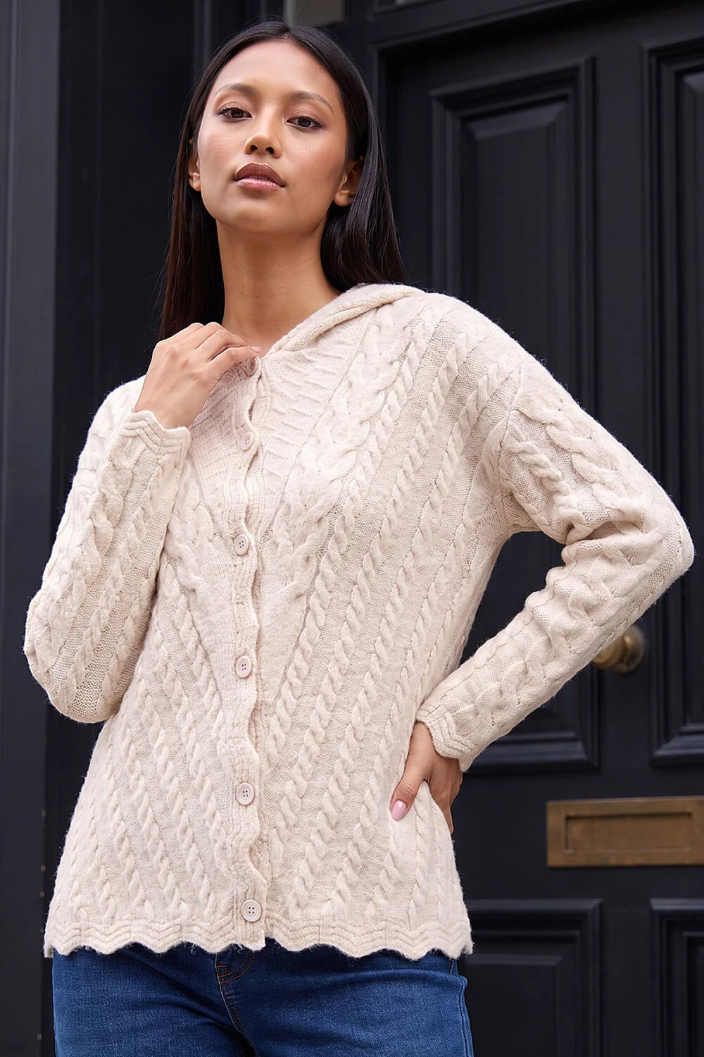 Roman Cream Petite Cable Knit Hooded Cardigan - 14 Image 1