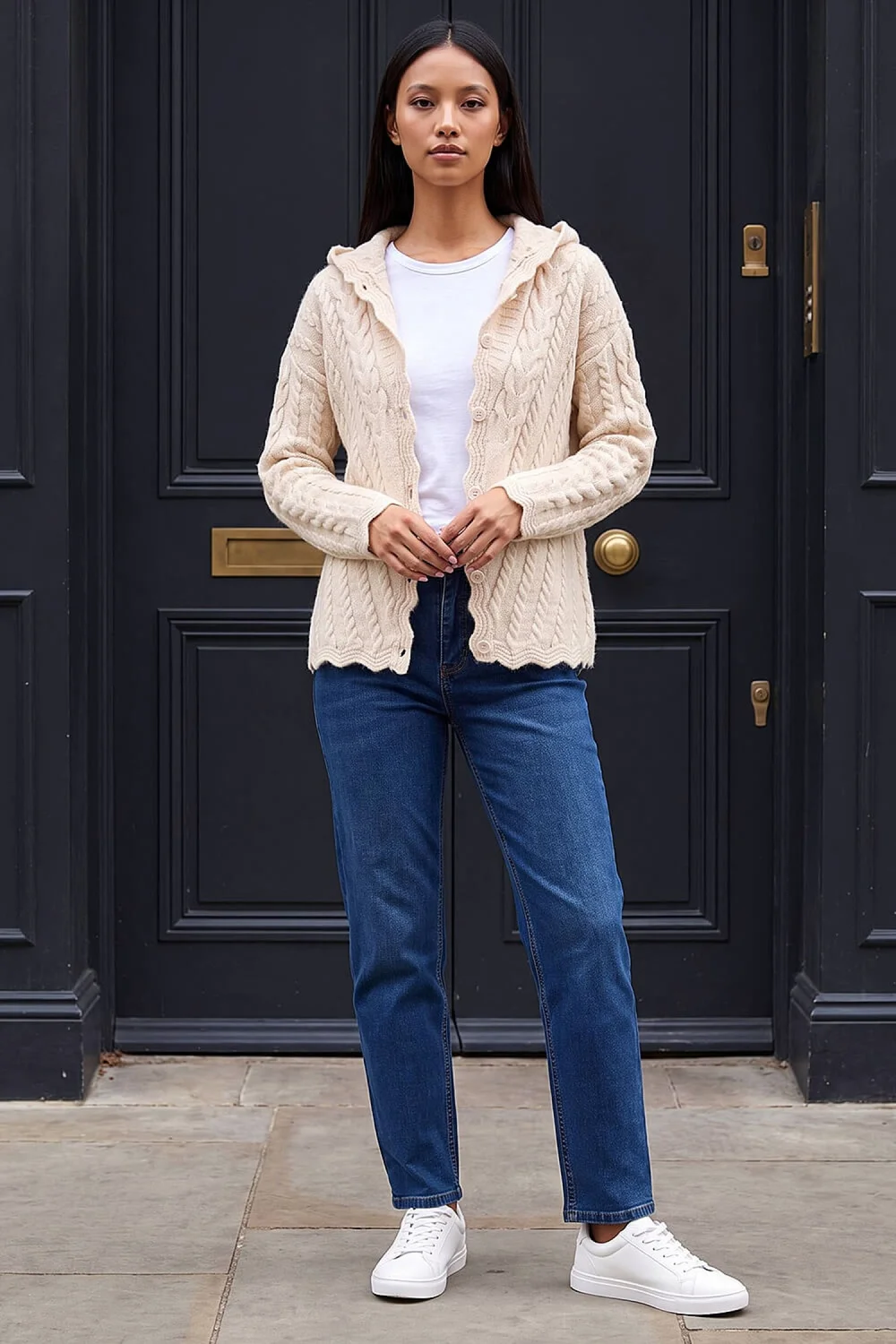 Roman Cream Petite Cable Knit Hooded Cardigan - 14 Image 3
