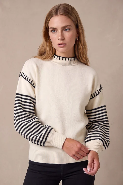 Roman Ivory Contrast Stitch Stripe Jumper - 18 Image 1