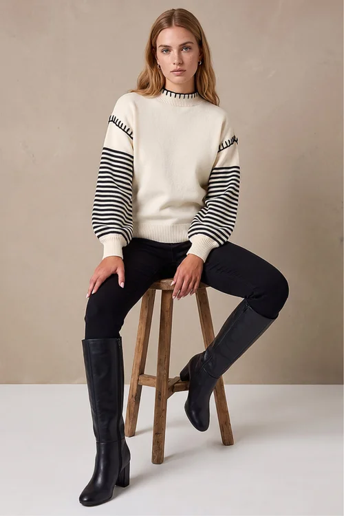 Roman Ivory Contrast Stitch Stripe Jumper - 18 Image 2