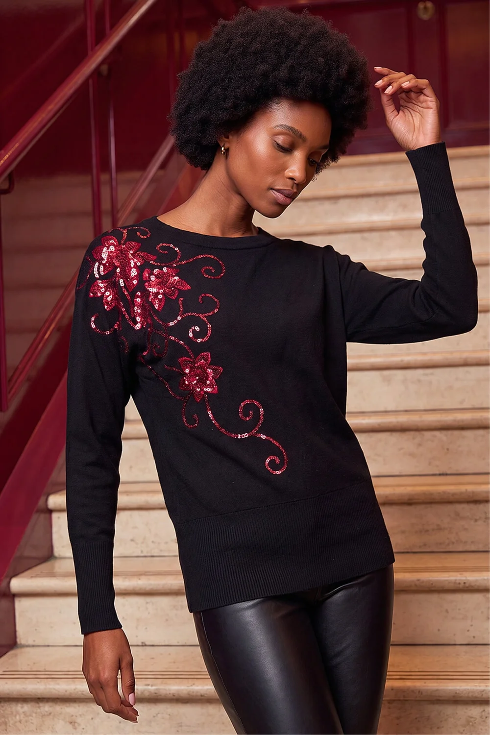 Roman Black Sequin Floral Batwing Knit Jumper - 18 Image 1