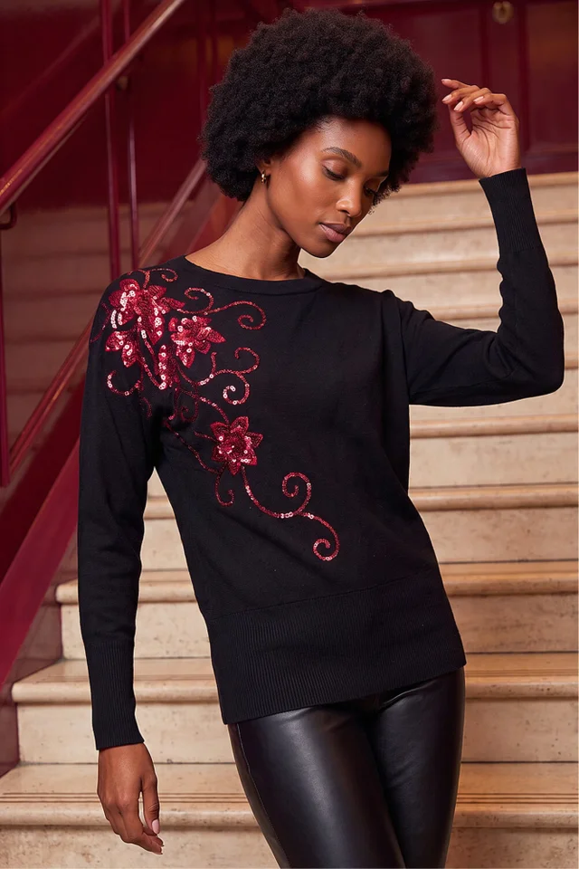 Roman Black Sequin Floral Batwing Knit Jumper
