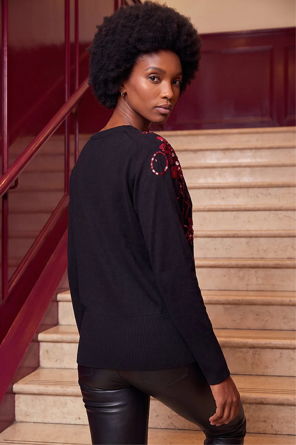 Roman Black Sequin Floral Batwing Knit Jumper - 18 Image 3