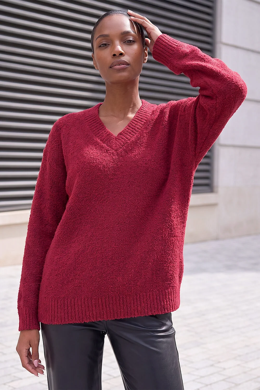 Roman Bordeaux Fleece V-Neck Knit Jumper - 12 Image 1