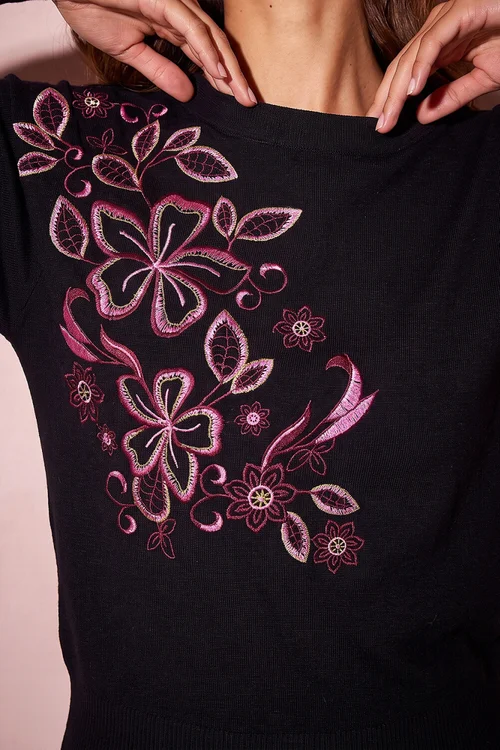 Roman Black Embroidered Floral Knit Jumper - 20 Image 4