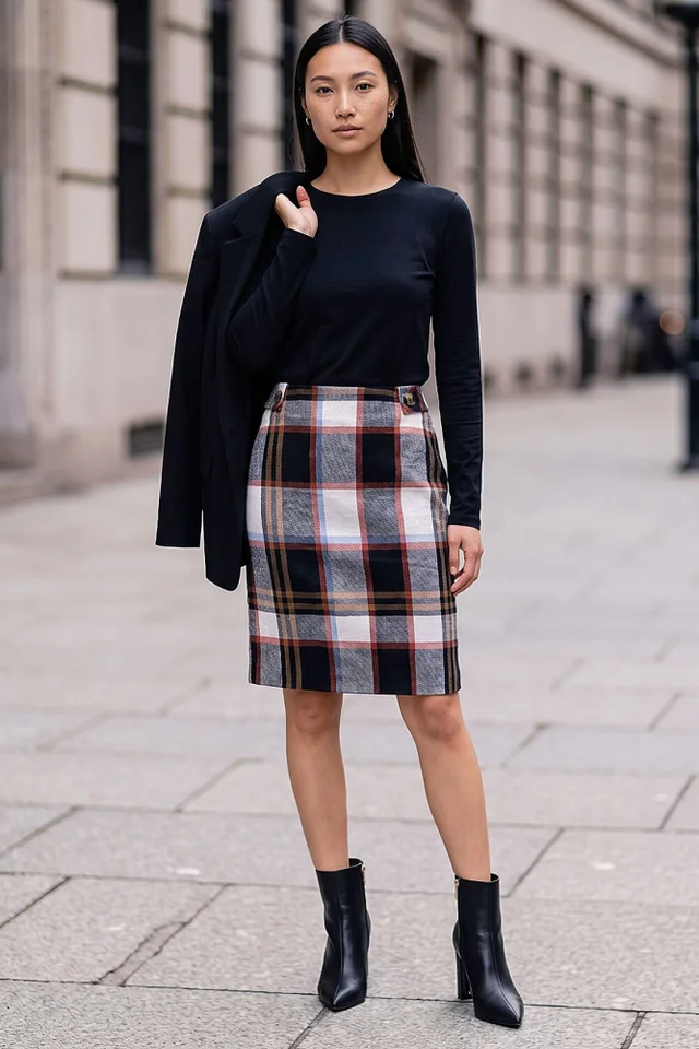 Roman Black Button Tab Brush Check Skirt