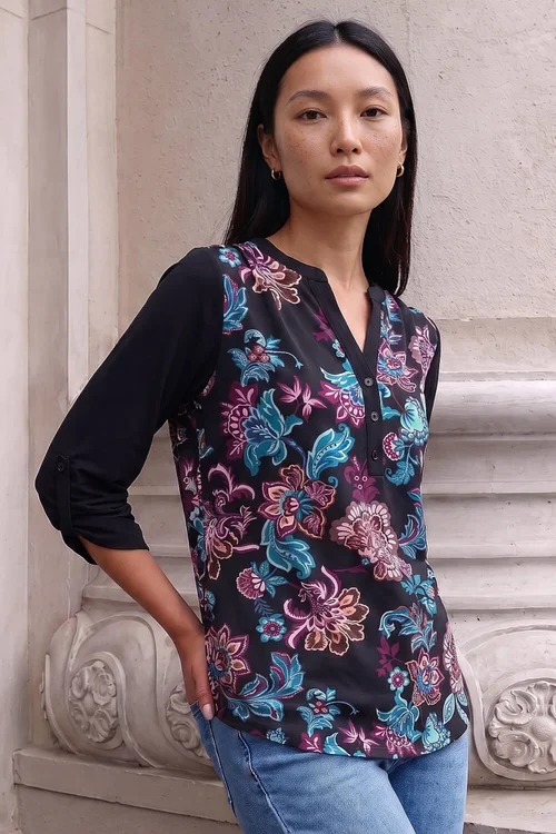 Roman Black Floral Puff Print Stretch Shirt - 18 Image 1