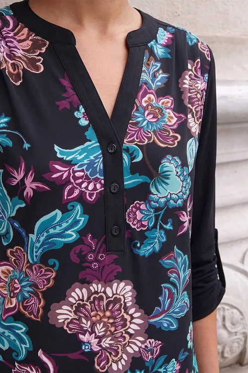 Roman Black Floral Puff Print Stretch Shirt - 18 Image 4