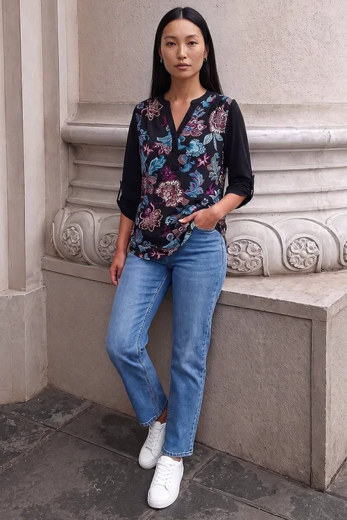 Roman Black Floral Puff Print Stretch Shirt - 18 Image 2