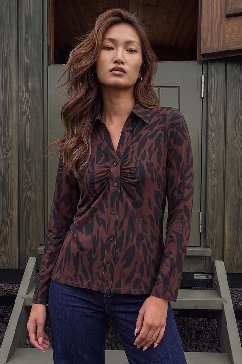 Roman Chocolate Abstract Print V-Neck Blouse - 18 Image 1