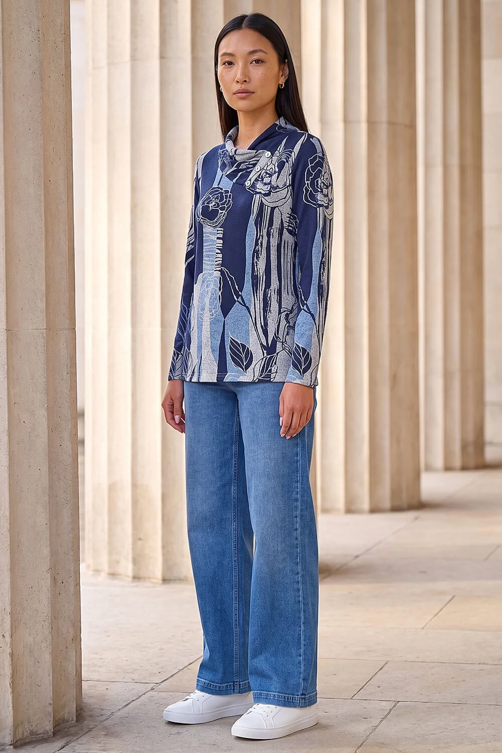 Roman Blue Abstract Stretch Jersey Button Top - 12 Image 3