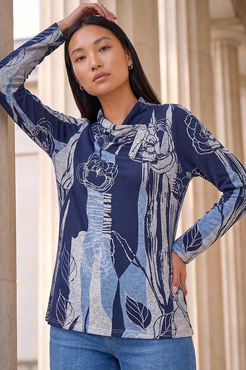 Roman Blue Abstract Stretch Jersey Button Top - 12 Image 1
