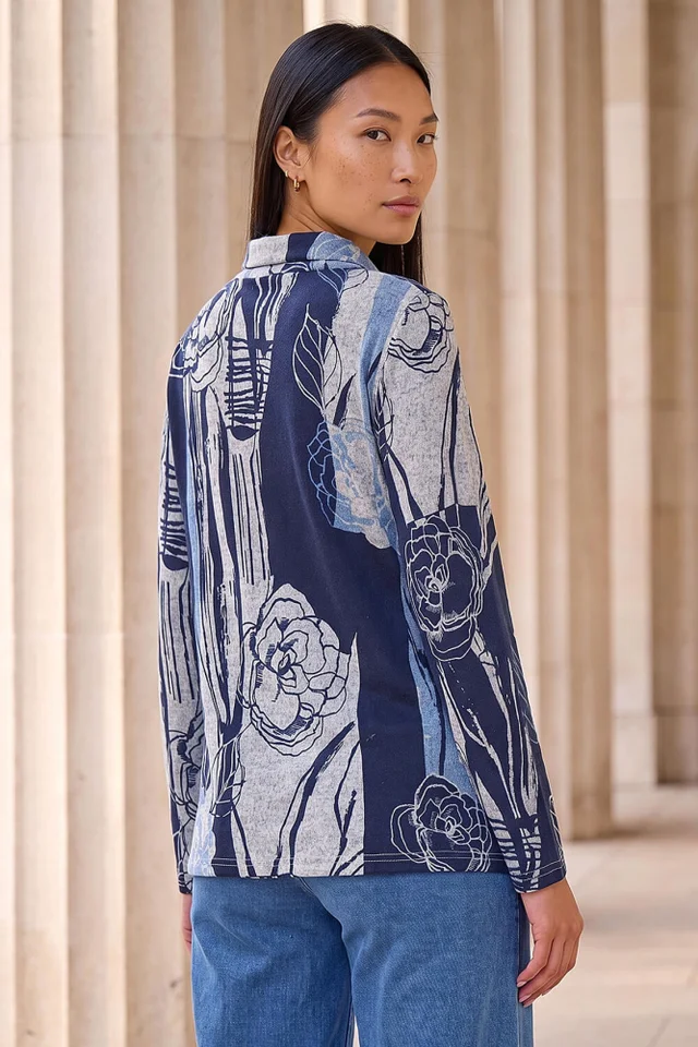 Roman Blue Abstract Stretch Jersey Button Top