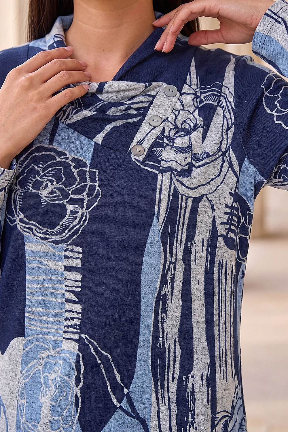Roman Blue Abstract Stretch Jersey Button Top - 12 Image 4