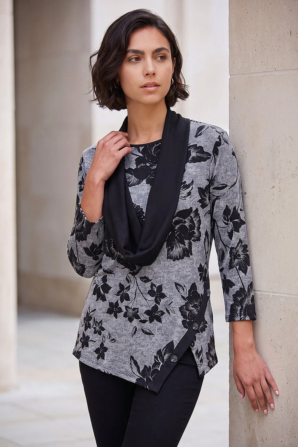 Roman Grey Floral Print Snit Scarf Tunic Top - 18 Image 2