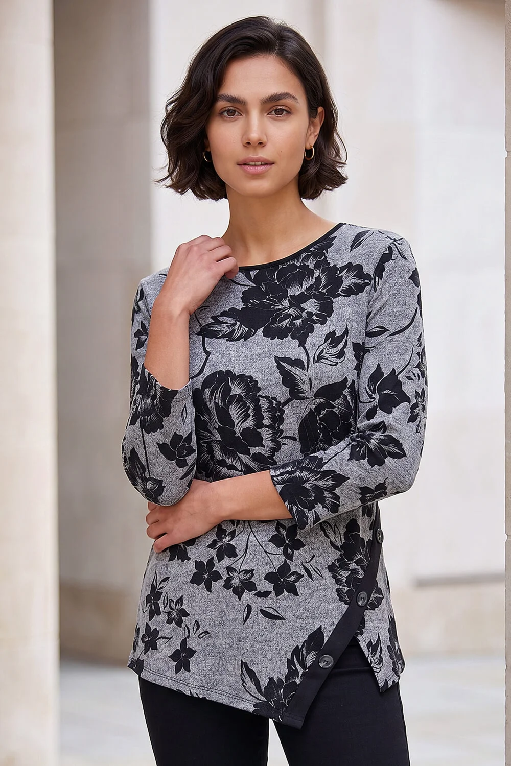 Roman Grey Floral Print Snit Scarf Tunic Top - 18 Image 1
