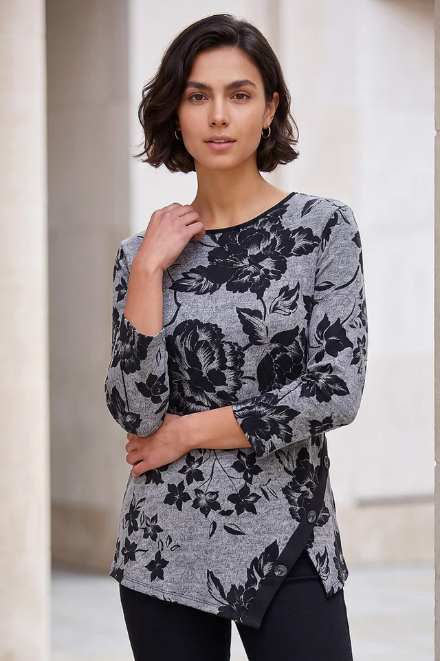 Roman Grey Floral Print Snit Scarf Tunic Top
