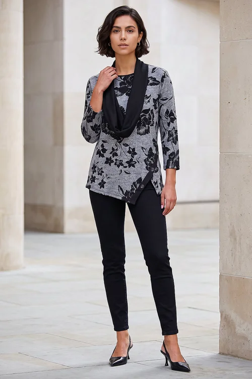 Roman Grey Floral Print Snit Scarf Tunic Top - 18 Image 3