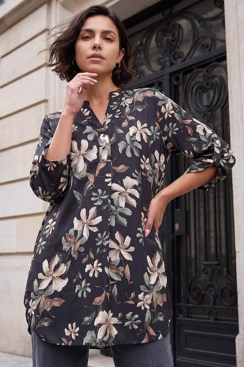 Roman Stone Floral Print Buttoned Longline Top - 14 Image 1