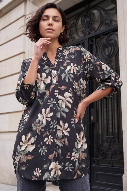 Roman Stone Floral Print Buttoned Longline Top - 14 Image 1