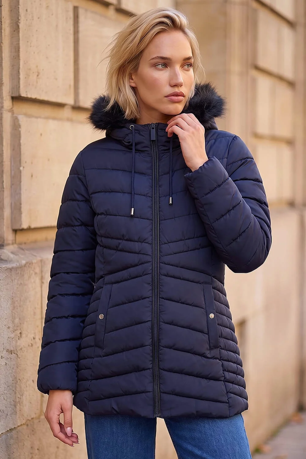 Roman Midnight Blue Faux Fur Hooded Coat - 20 Image 1