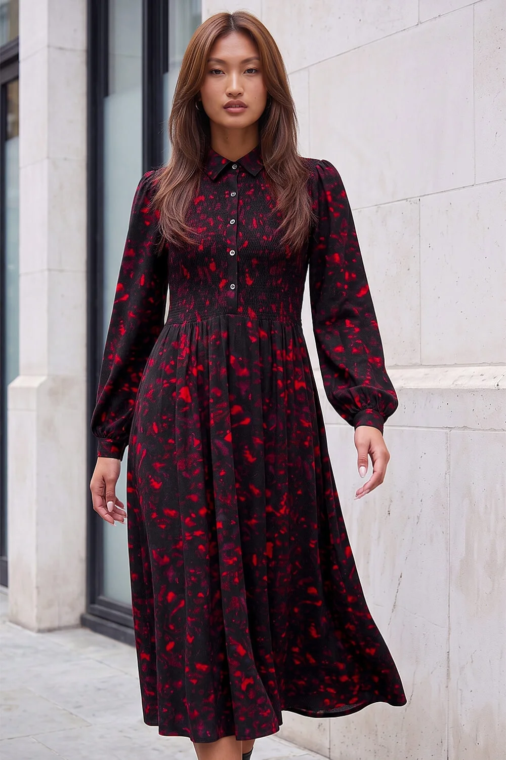 Roman Red Abstract Shirred Collared Midi Dress - 14 Image 1