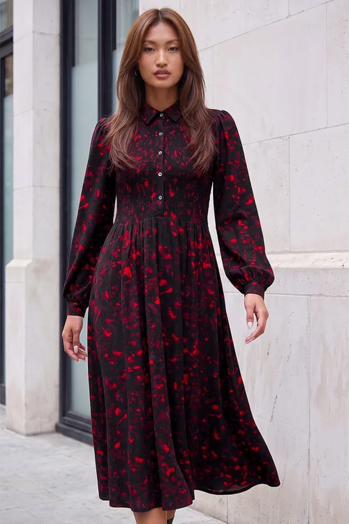 Roman Red Abstract Shirred Collared Midi Dress - 14 Image 1
