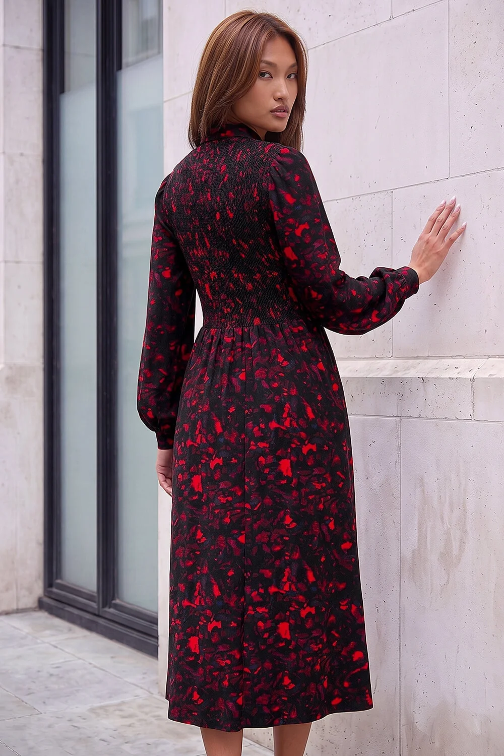 Roman Red Abstract Shirred Collared Midi Dress - 14 Image 3