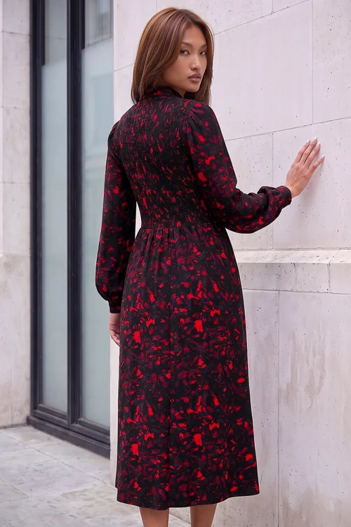 Roman Red Abstract Shirred Collared Midi Dress - 14 Image 3