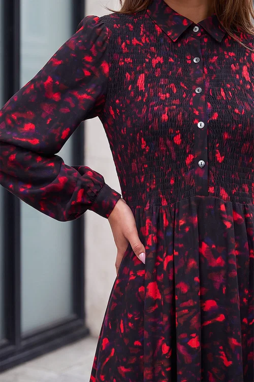 Roman Red Abstract Shirred Collared Midi Dress - 14 Image 4