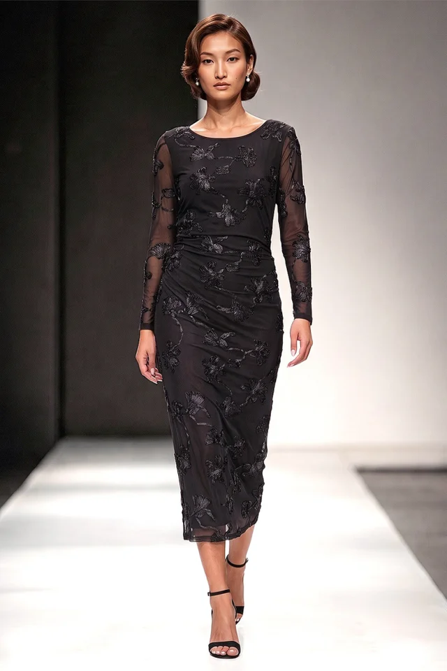 Roman Black Cornelli Stretch Mesh Dress