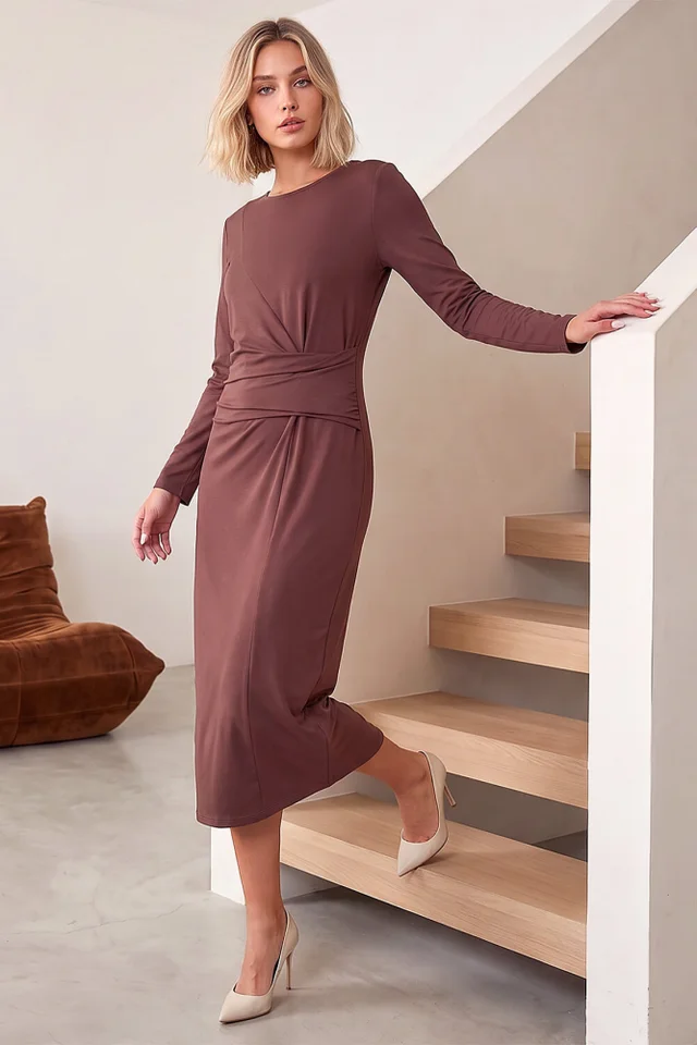 Dusk Chocolate Ruched Waist Midi Dress