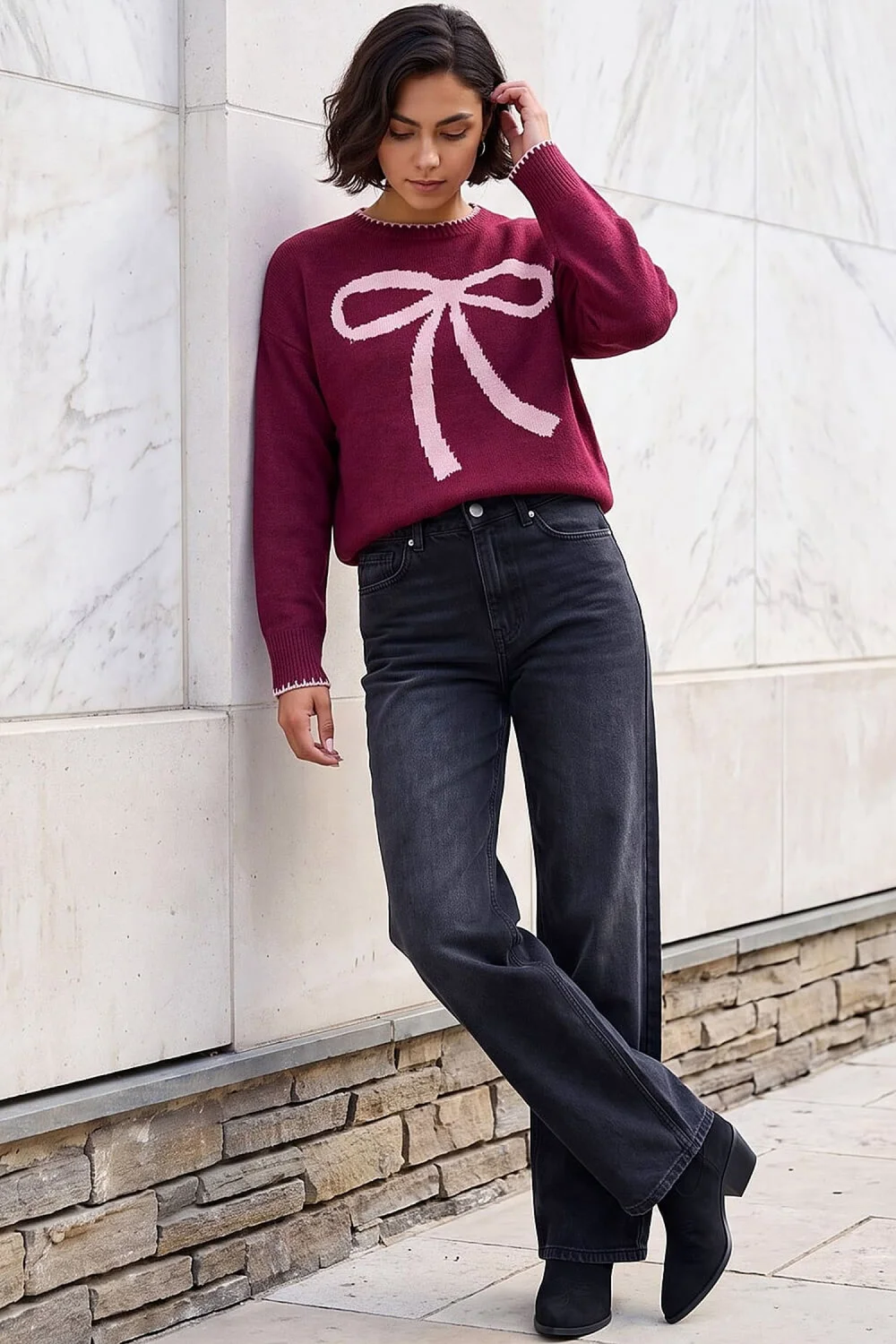 Roman Burgundy Contrast Stitch Bow Knit Jumper - 18 Image 1