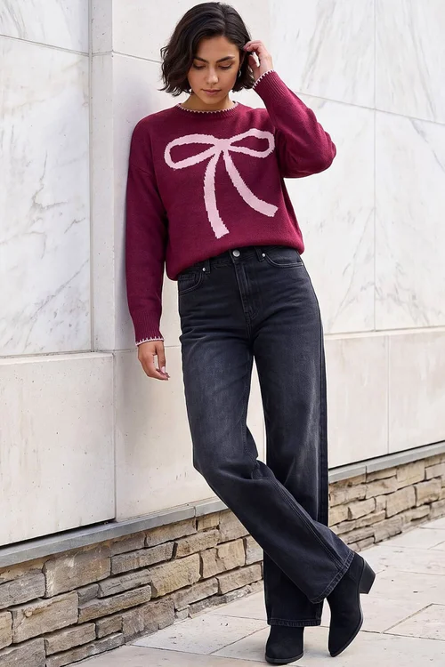Roman Burgundy Contrast Stitch Bow Knit Jumper - 18 Image 1
