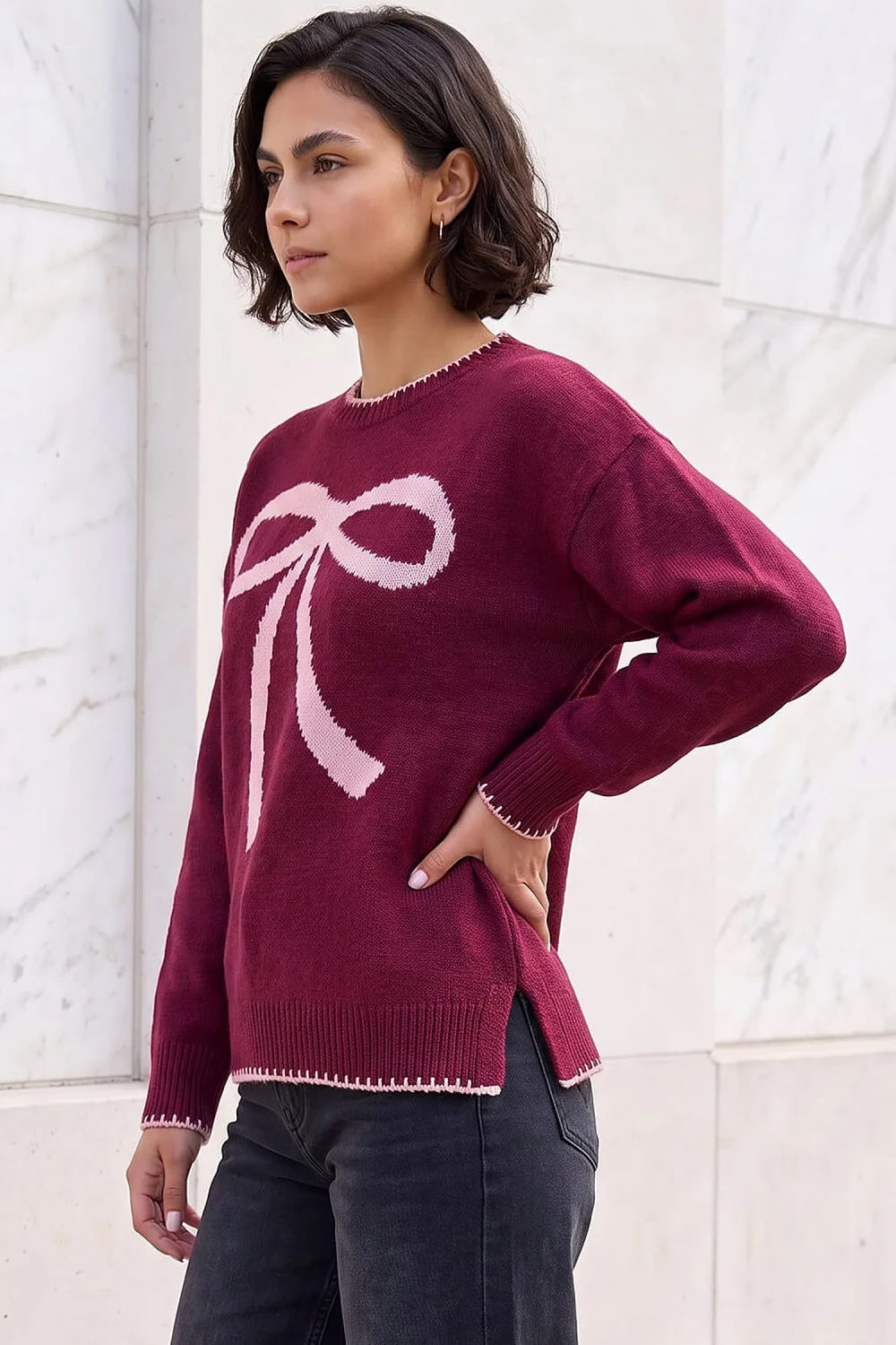 Roman Burgundy Contrast Stitch Bow Knit Jumper - 18 Image 2